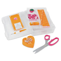 Dritz Sewing Box Kit, Orange and Pink, opened box with contents on the side. 