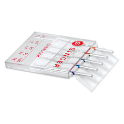 Singer Sewing Machine Needles - Overlock, Assorted, Pkg of 5, inside carrying case with lid open