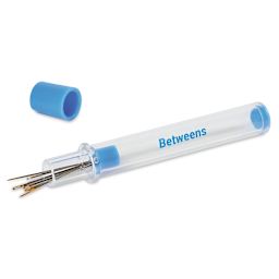 Dritz Hand Needle & Threader Set, open carrying tube of Gold eye between needles