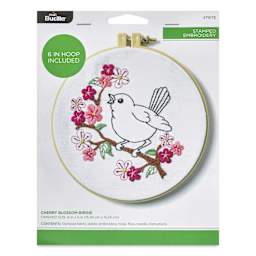 Bucilla Stamped Fabric Embroidery Kit - Cherry Blossom Birdie front of packaging