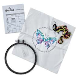 Bucilla Watercolor Stamped Fabric Embroidery Kit - Kaleidoscope Butterfly front of packaging contents