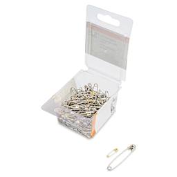 Singer Assorted Safety Pins - Pkg of 225, two pins laid outside of opened packaging