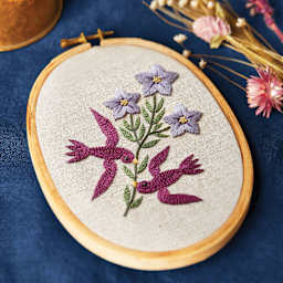 DMC The Designer Collection Embroidery Kits - “Campanula” finished project on table 