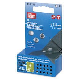 Prym Vario Creative Tubular Rivets - 3 - 4 mm Thick Fabric, Pkg of 25, 7.5 mm Dia. - front of packaging, angled view