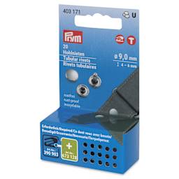 Prym Vario Creative Tubular Rivets - 6 - 9 mm Thick Fabric, Pkg of 12, 9 mm Dia. - front of packaging, angled view