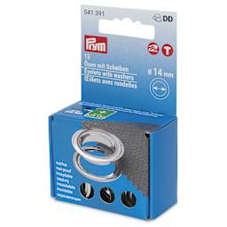 Prym Vario Creative Eyelets with Washers - Pkg of 15, Silver, 14 mm Dia. - front of packaging, angled left
