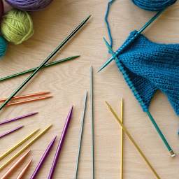 Boye Aluminum Knitting Needles - assortment near in progress project example and yarn (not included)