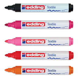 Edding 4500 Textile Markers - Warm, Set of 5, laid out with caps off