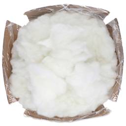 Essentials by Leisure Arts Fiber-fil Polyester Stuffing - 4 lb, box open seen from above with fiber inside