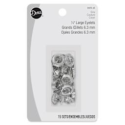 Dritz Eyelets - Front of the packaging of 15 Large, Nickel eyelets