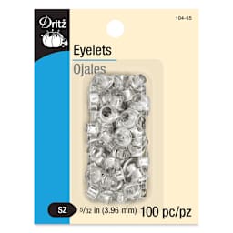 Dritz Eyelets - Front of the packaging of 100 Small, Nickel eyelets