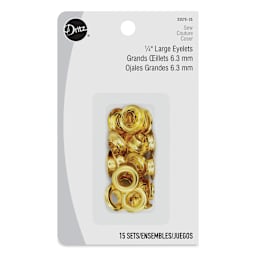 Dritz Eyelets - Front of the packaging of 15 Large, Brass eyelets
