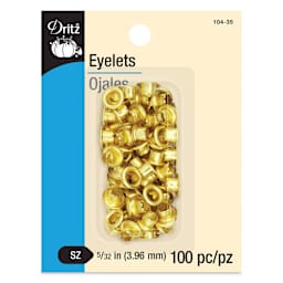 Dritz Eyelets - Front of the packaging of 100 Small, Brass eyelets