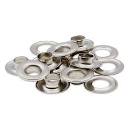 Dritz Grommets - Nickel-Plated Brass, Pkg of 8, laid outside of the packaging