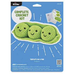Bucilla Acrylic Yarn Amigurumi Crochet Kit - Triplets in a Pea Pod, 6-1/2" x 2-1/4" x 2" - front of packaging