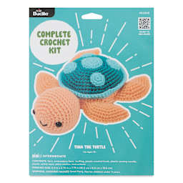 Bucilla Acrylic Yarn Amigurumi Crochet Kit - Tina the Turtle, 6.5" x 2.75" x 7.75" front of packaging