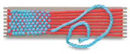 Wide-Notch Cardboard Looms - Red and Blue yarn partially woven on cardboard loom