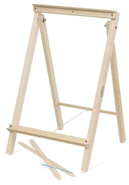 Schacht School Loom - Angled view of standing loom with two pick-up sticks and weaving needle adjacent