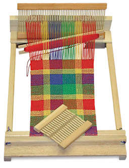 Rigid Heddle Loom - Front view of partially woven material on loom