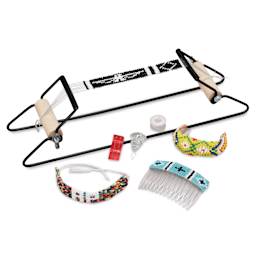 Bead Loom Kit - 2.5" Weaving Width, in use next to finished examples
