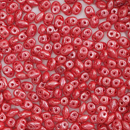 John Bead Czech Glass SuperDuo Two-Hole Beads - Coral Red, Metallic Luster, 22 g