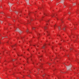 John Bead Czech Glass SuperDuo Two-Hole Beads - Opaque Red, Glossy, 22 g vial