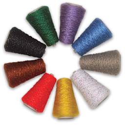 Trait-Tex Glitter Yarn - 9 spools of yard shown in circle