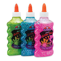 Elmer's Glitter Glue - Green, Blue, and Pink bottles shown at left angle