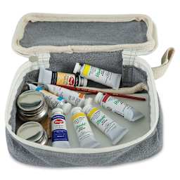 Harvest Import Recycled Canvas Zipper Pouches - Top view of open Travel Case storing paints, brushes