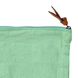Harvest Import Washed Canvas Zipper Pouch - Green, 8"H x 11"W x 3"D (Close-up of leather zipper pull)