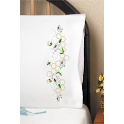 Design Works Stamped For Embroidery Pillowcase - Bees, sample of finished embroidery