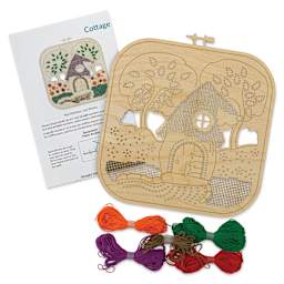 Leisure Arts Wood Stitchery Kit - Cottage, Square Panel - contents