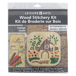 Leisure Arts Wood Stitchery Kit - Cottage, Square Panel - front of packaging
