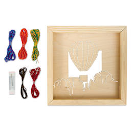Leisure Arts Wood Stitchery Shadow Box Kit - Hot Air Balloon, contents laid out