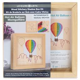 Leisure Arts Wood Stitchery Shadow Box Kit - Hot Air Balloon, front of the packaging