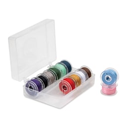 Singer Sewing Machine Bobbins - Class 15, Assorted Colors, Pkg of 12, threaded bobbins inside of case