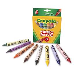 Crayola Jumbo Crayons - Set of 8, crayons laid out in front of packaging