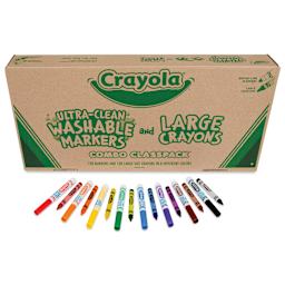 Large Size Crayons and Washable Markers, markers and crayons laid out in front of box