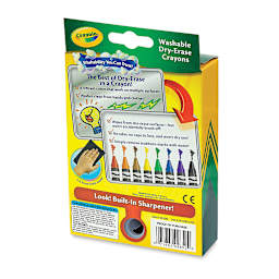 Crayola Washable Dry-Erase Crayons - Bright Colors, Set of 8, back of pack showing included sharpener