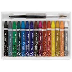 Faber-Castell Watercolor Crayons - Set of 15 crayons shown open in tray with paintbrush