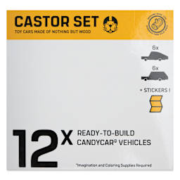 Candylab Castor Wooden Car Kit - Kit of 12, front of packaging