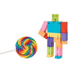 Areaware Cubebot Classic Wooden Figure - Multicolor, size comparison with lollipop