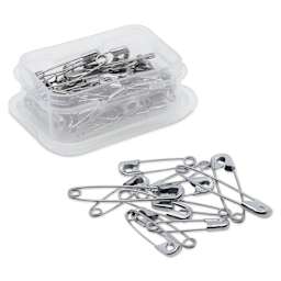 Dritz Safety Pins - Assorted Sizes, Pkg of 50 with open Storage Box and pins laid out