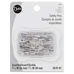 Dritz Safety Pins - Assorted Sizes, Pkg of 50 with Storage Box, front of the packaging