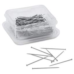 Dritz Dressmaker Pins - 1-1/4", Pkg of 200 storage box open beside cluster of pins