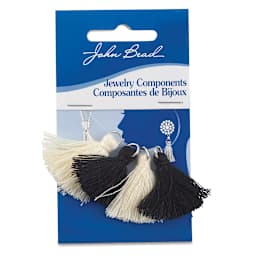John Bead Poly Cotton Tassels - Front of blister package of 4 Black and Ivory Tassels