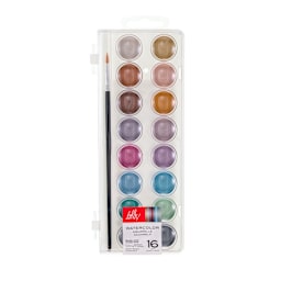 Hello Artist Watercolor Cakes with Brush, Metallic Set of 16