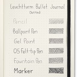 Leuchtturm1917 Bullet Journal Edition 2, swatch of pen marks on dotted paper