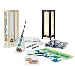 Paper Fusion Lamp Kits - Black and Natural kits shown being decorated and assembled 