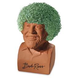 Chia Pet Bob Ross - angled view of figurine with seeds sprouted as hair